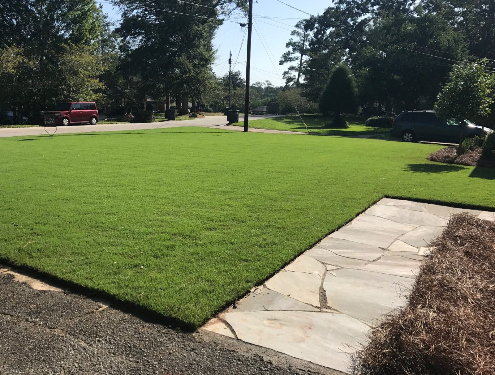 Clean and healthy green lawn near a walkway